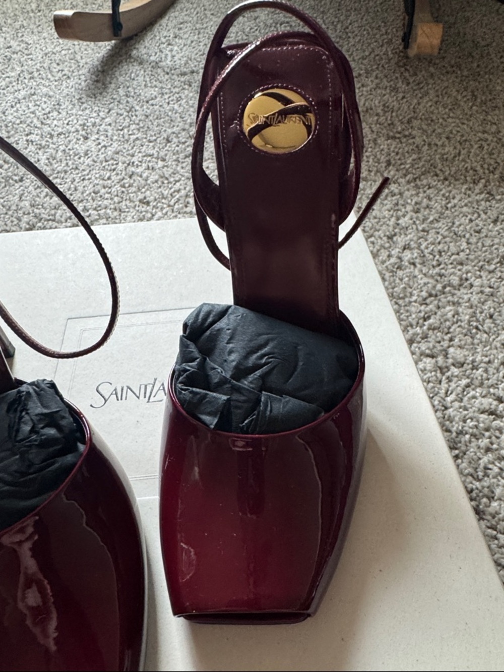 Saint Laurent La Scandale Grenat Patent Leather Slingback Square Peep Toe - Picture 3 of 7